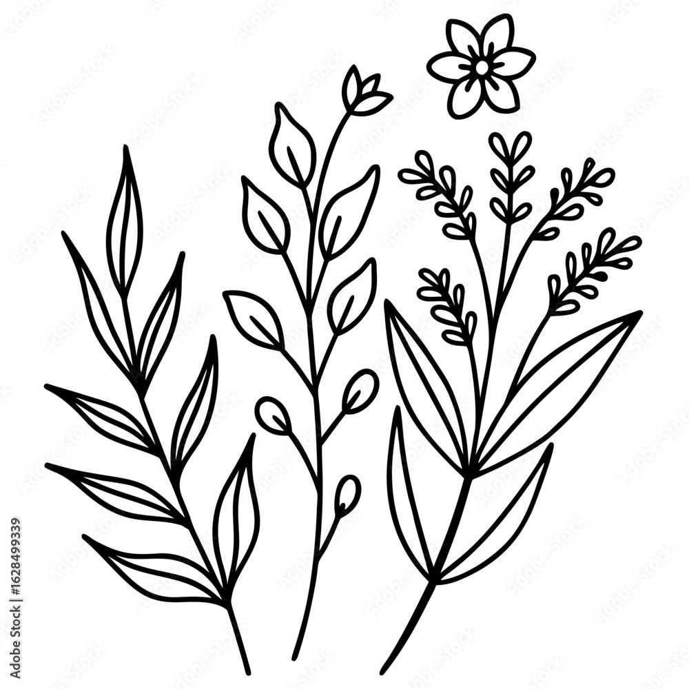 Naklejka premium Minimalist botanical elements in elegant line art — leaves, branches, and wildflowers — black ink vector strokes, natural flow, hand-drawn look, isolated on white background1
