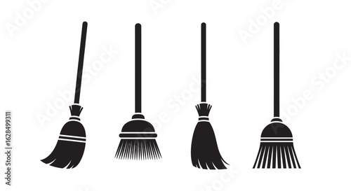 Four different broom silhouettes standing upright on a white background silhouette