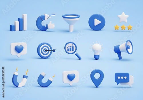 3d illustration of marketing strategy with social media icons representing business communication and digital network growth for online presence and technology