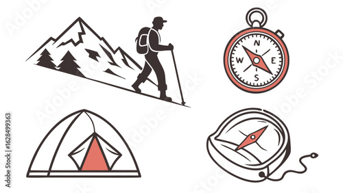 Adventure icons a hiker ascends a mountain with trekking poles a tent pitched and two compasses for navigation