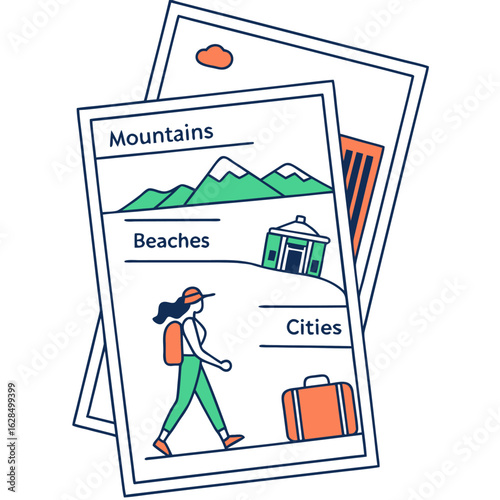 Travel inspiration cards showcasing mountains beaches and cities with a traveler and luggage representing different vacation destinations