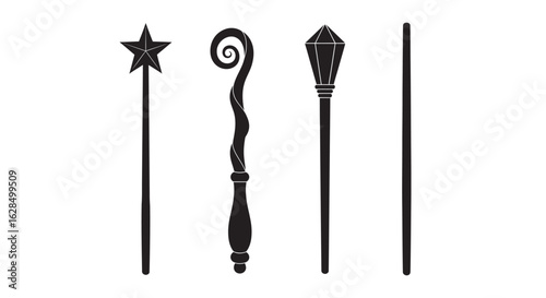 Four magical wands and staffs silhouette
