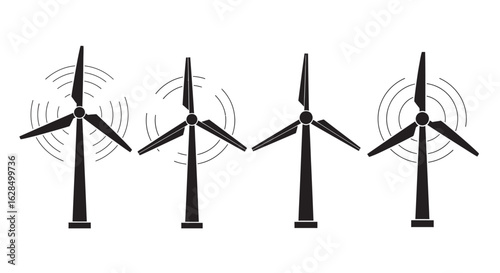 Four black wind turbines in a row generating clean energy silhouette
