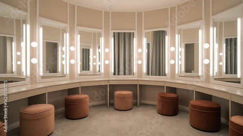 A circular makeup room with mirrors, lights, and peach-toned seating.
