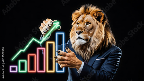Lion-suited figure points to rising graph, symbolizing growth.
