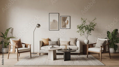 Beige living room with minimalist decor.
