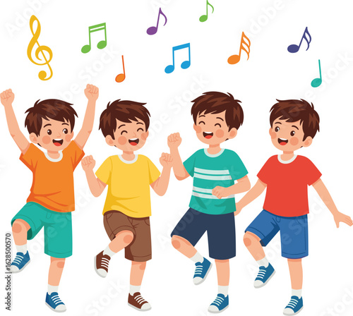 Cartoon children dancing joyfully with colorful musical notes, diverse outfits, energetic movement, fun music scene, childhood celebration illustration