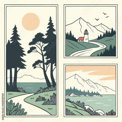 Three framed landscape scenes depicting trees, mountains, water, and a lighthouse in a stylized manner
