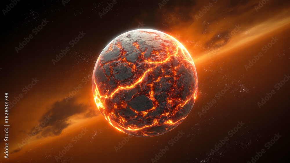 Obraz premium Digital artwork of a burning planet engulfed in flames, glowing embers, orbiting dark space, dramatic lighting