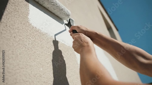 Hands applying fresh white paint to textured exterior wall with roller, transforming home on a bright sunny day