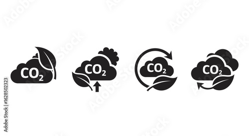 Four black silhouette icons representing co2 emissions and environmental concepts silhouette