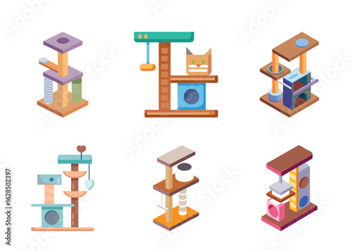 Isometric illustration featuring multiple cat trees in varying designs and colors