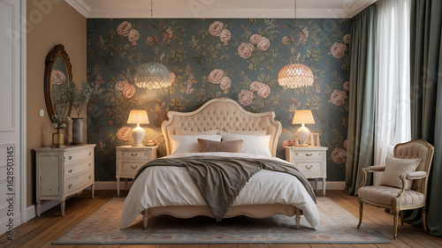Elegant bedroom with floral wallpaper, cream furniture, and a cozy bed.
