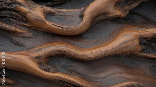 Intricate, flowing wood patterns in warm browns and dark tones.
