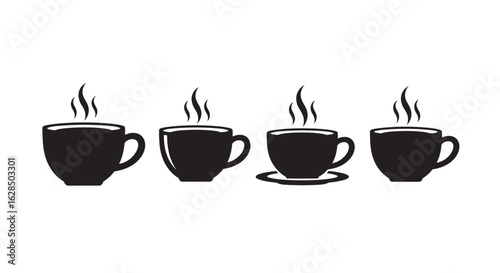 Four steaming coffee cups in a row simple black silhouette