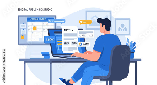 Man Working On Laptop Managing Content And Data Analytics