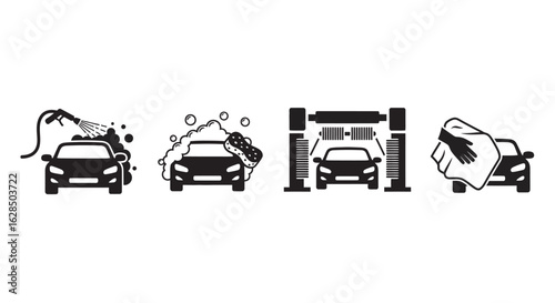 Car wash process icons showing different stages of cleaning a vehicle silhouette
