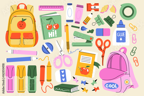 School supplies. Cartoon stationery with notebook pencil eraser book stapler sharpener, back to school education student equipment for study, school, university. Vector set