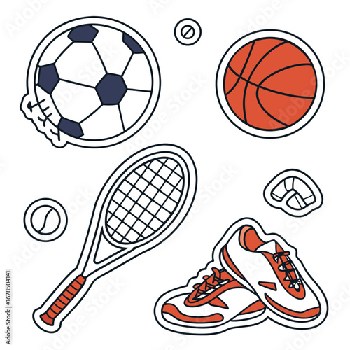Illustration of a soccer ball, basketball, tennis racket, tennis ball, shoes, and mouth guard items