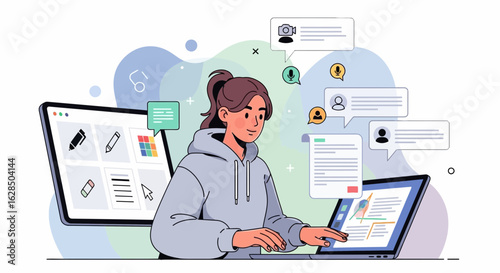 Freelancer Creates Digital Content For Social Media Platforms On Laptop