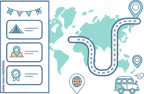 World map with road trip route, bus, and location pins, alongside a menu with camping and travel icons