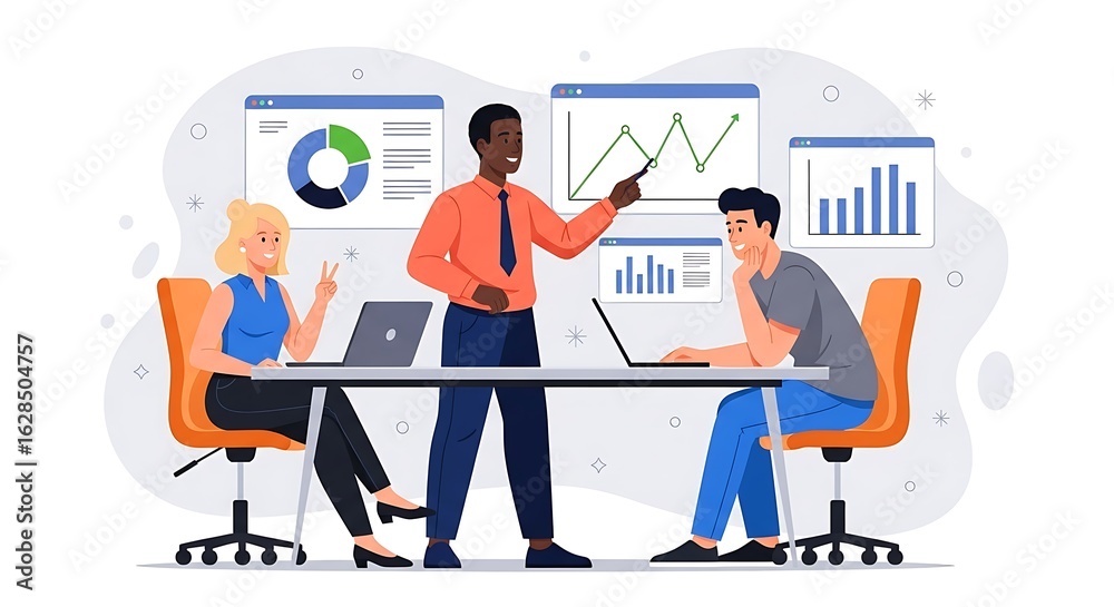 Fototapeta premium 3d illustration of a business team having a meeting and presentation in the office discussing charts and graphs with laptops