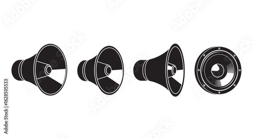 Four audio speaker cones in a row with a distinct silhouette style
