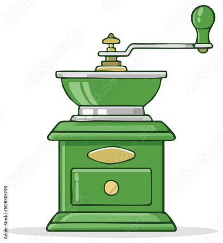 Classic vintage green manual coffee grinder with hand crank vector illustration