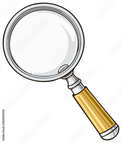 Cartoon illustration of a classic magnifying glass with a wooden handle