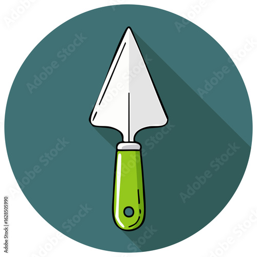 Illustration of a garden trowel with a green handle and sharp metal scoop