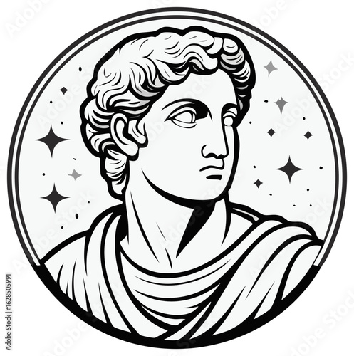 Stylized ancient classical male bust in monochrome line art with starry background inside a circular frame