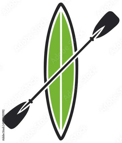 A simple vector graphic of a green stand up paddleboard and a black paddle, representing water sports and recreation