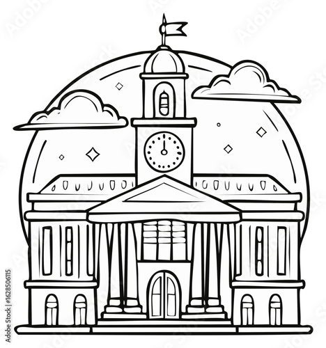 Courthouse Outline Illustration with Clock Tower, Columns and Clouds for Coloring Book Pages