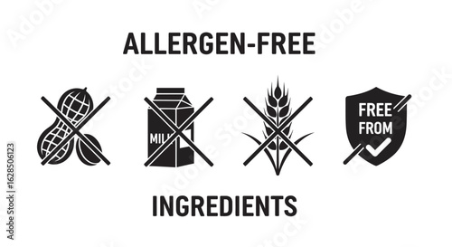 Allergen free ingredients icons with crossed out peanuts milk and wheat silhouette
