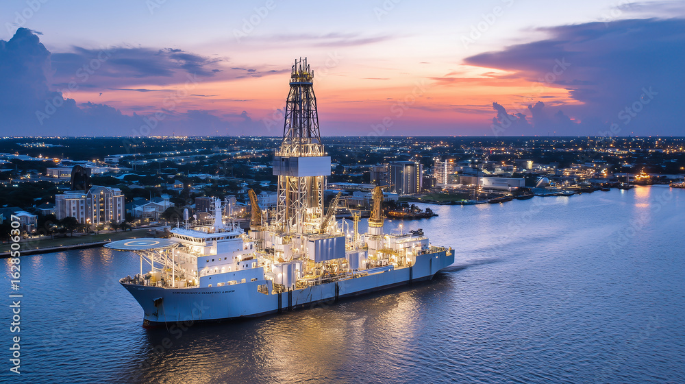 Naklejka premium Close aerial capture of a drilling shipâs lit deck and towering rig equipment against the fading twilight sky, the vesselâs reflection shimmering on smooth harbor waters under subt