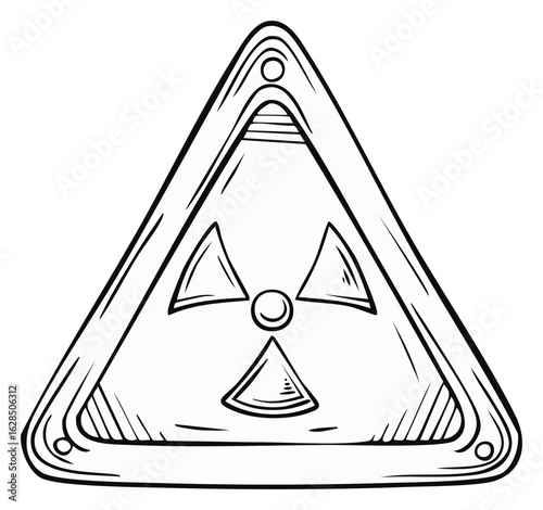 Black and white radiation hazard sign in a triangular shape