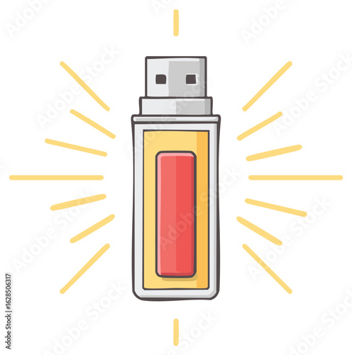 Digital Data Storage USB Drive Cartoon with Bright Light Beams