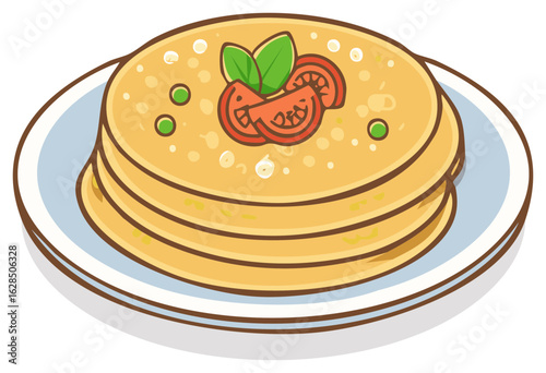 Cute cartoon illustration of savory pancakes with fresh tomato and basil topping on a plate