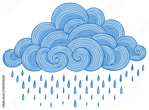 Stylized blue cloud and raindrops, hand-drawn weather concept with swirls and flowing lines, isolated vector illustration