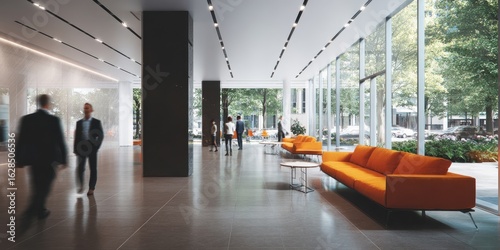 The modern office lobby featuring sleek furniture and vibrant orange sofas.