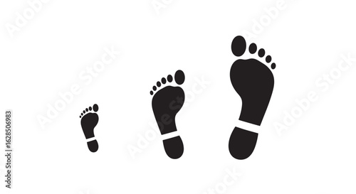 Three black footprints of increasing size in a progression silhouette