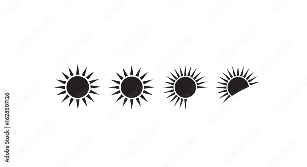 Fototapeta premium Four stylized sun icons in a row with radiating rays silhouette