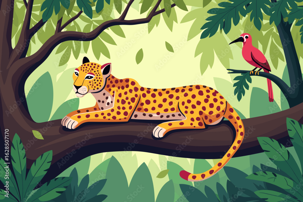 Naklejka premium Leopard resting on a tree branch, relaxed mood, surrounded by tropical foliage, illustration
