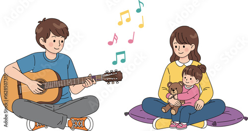 Cartoon family music moment, man playing guitar, woman holding child with teddy bear, colorful notes, cozy indoor scene, vector illustration