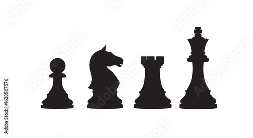 Four chess pieces pawn knight rook and queen silhouette