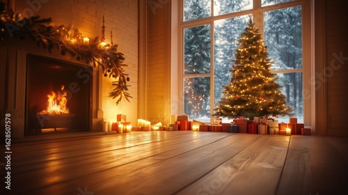 Cozy christmas living room with illuminated tree and fireplace in winter evening