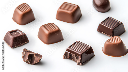 Assorted Chocolates: Tempting treats with smooth textures and rich flavors, arranged on a clean white surface, inviting indulgence and sweet moments.