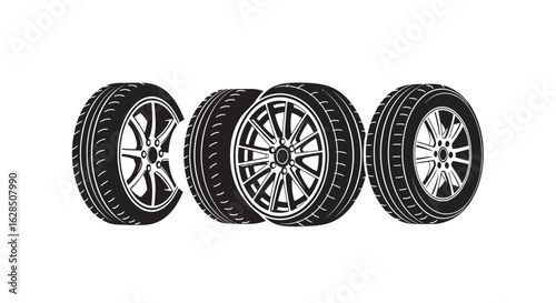Four car tires arranged in a row silhouette