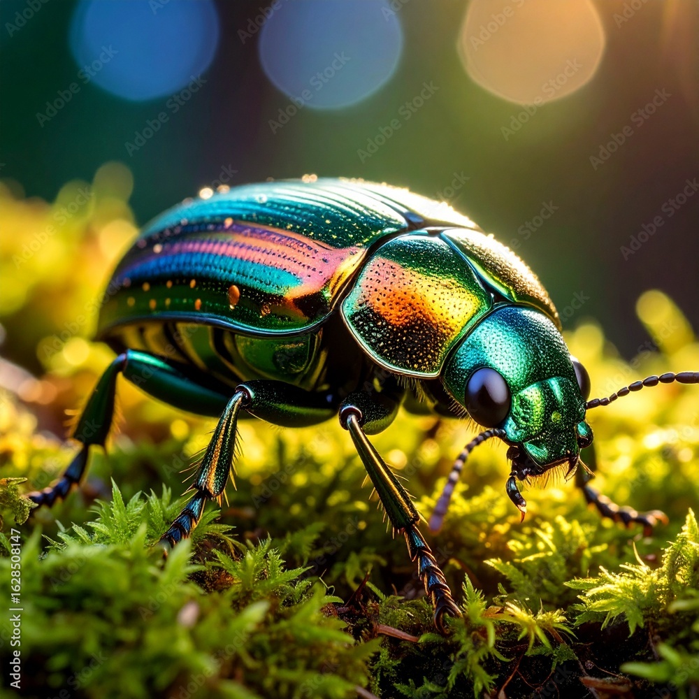 Fototapeta premium macro shot of a colorful beetle on mossy ground