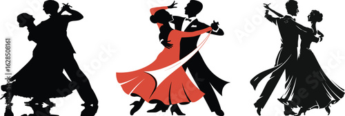 Elegant silhouettes of couples dancing ballroom waltz in formal attire